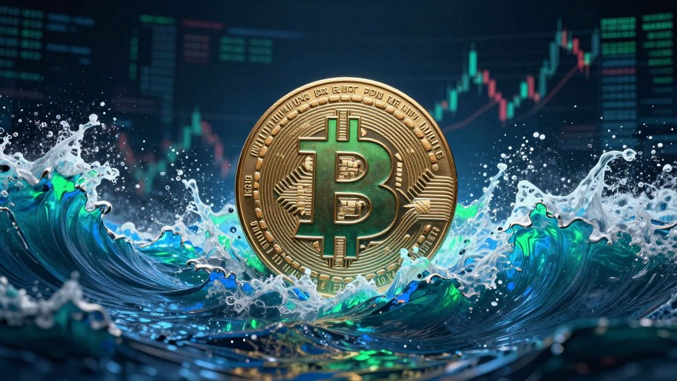 Bitcoin logo amidst digital currency waves