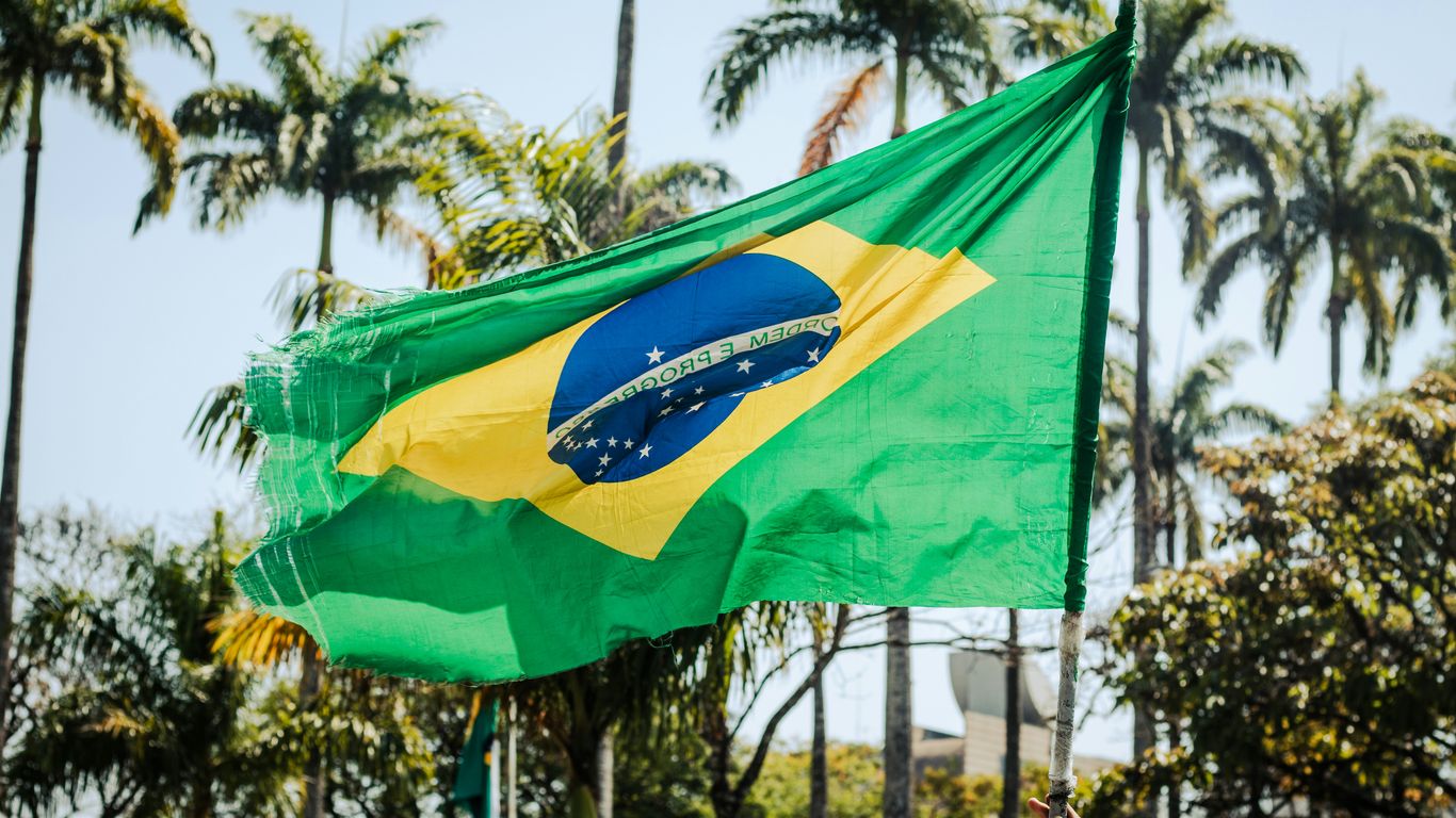 a flag flying in the wind with palm trees in the background