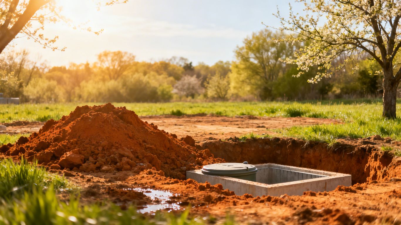 Spring septic system installation site with fresh earth.