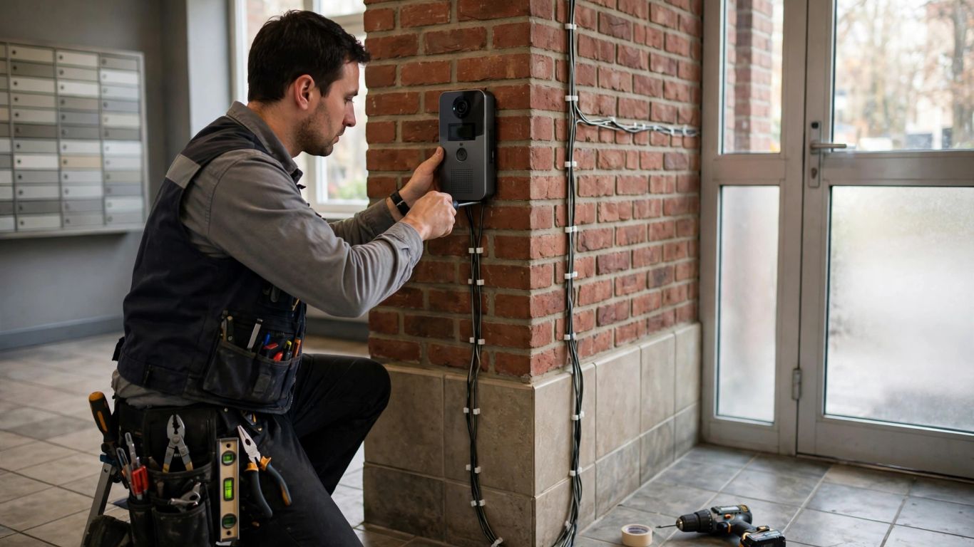 Technician installing a video intercom panel
