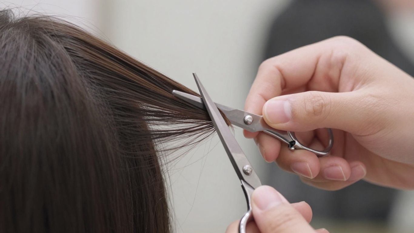 Hands thinning hair with scissors at home.