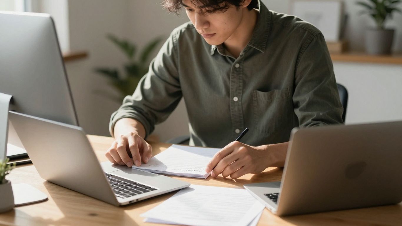 Person focused on one task at a clean desk.