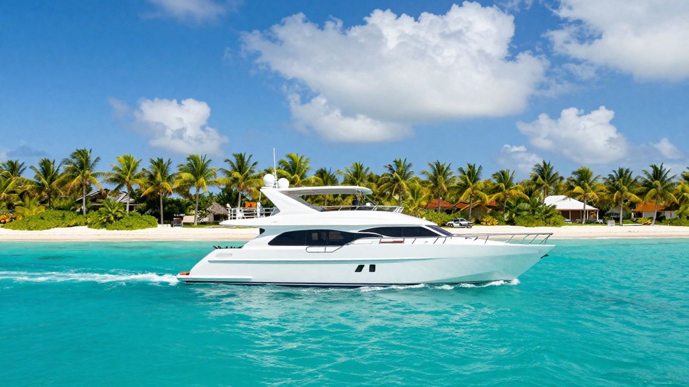 Luxury charter yacht sailing to a Bahamian island.