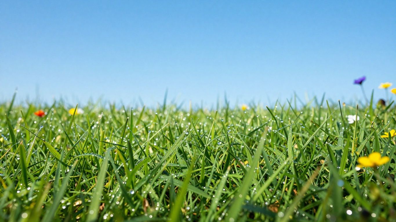 Lush green lawn with dew drops and wildflowers.