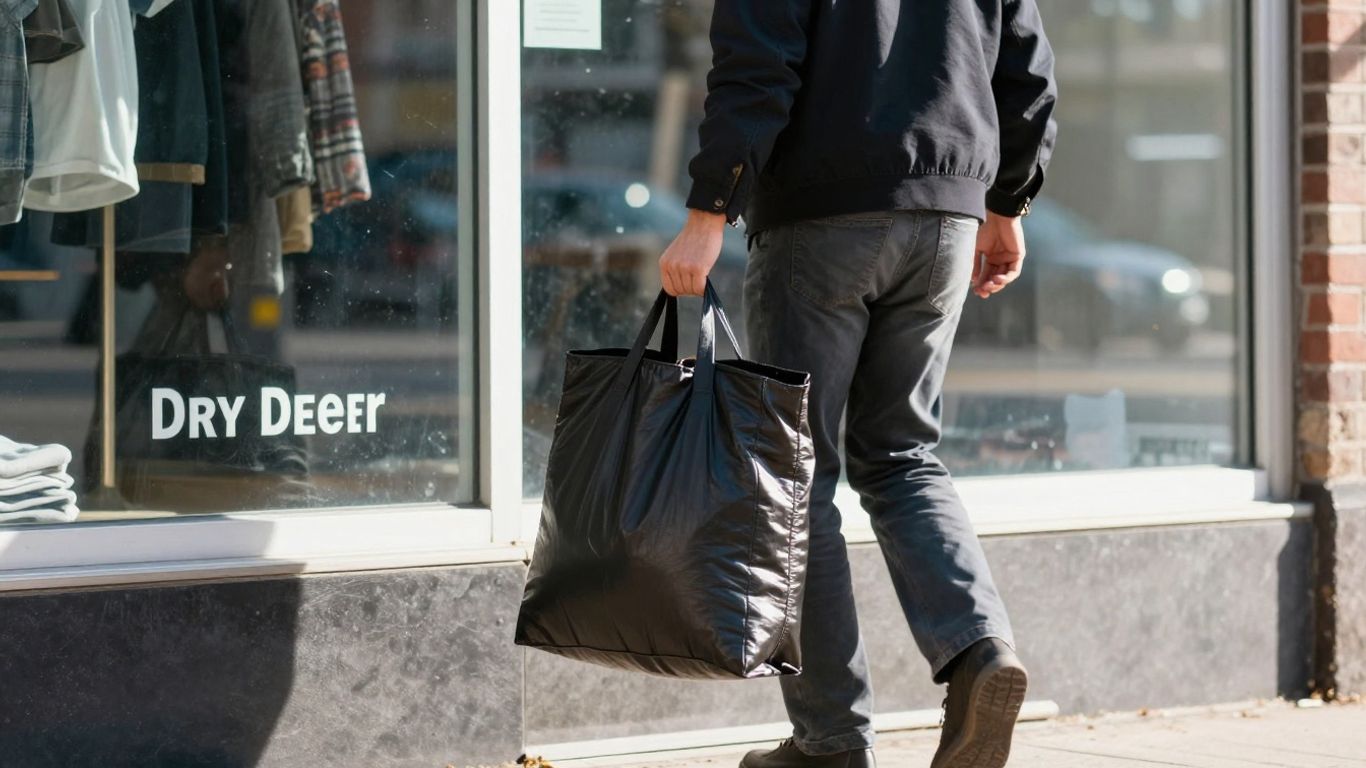 Person rushing to same-day dry cleaning service.