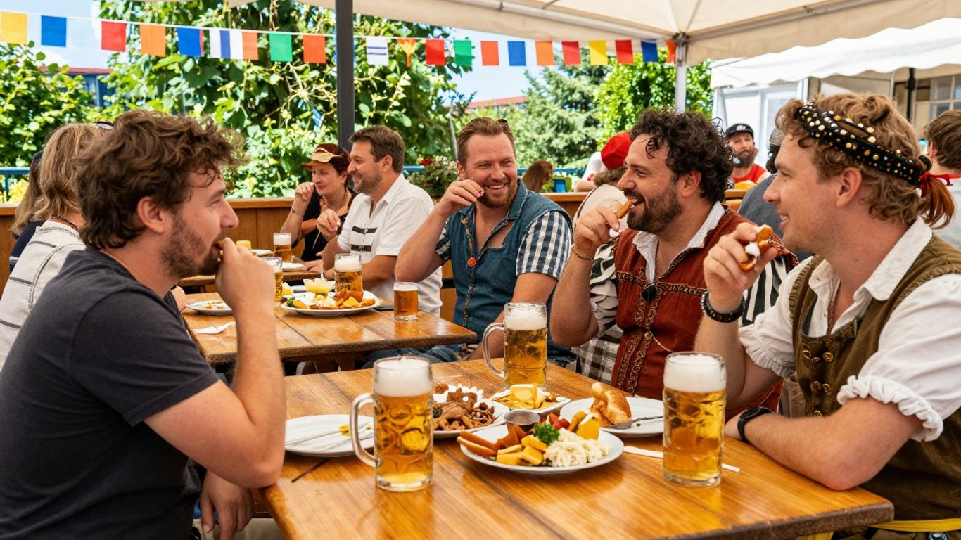 People enjoying beer at a Renaissance fair beer garden.