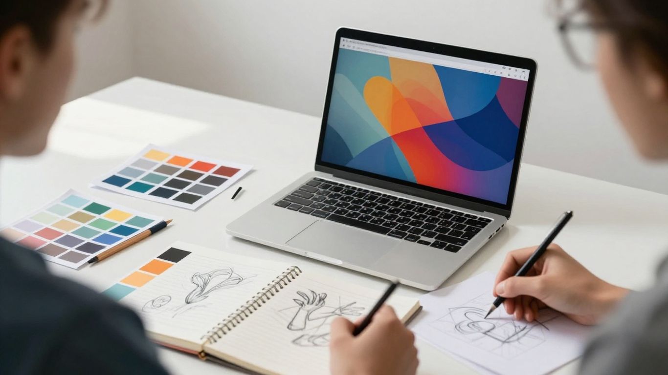 Creative workspace with laptop, sketches, and design elements.