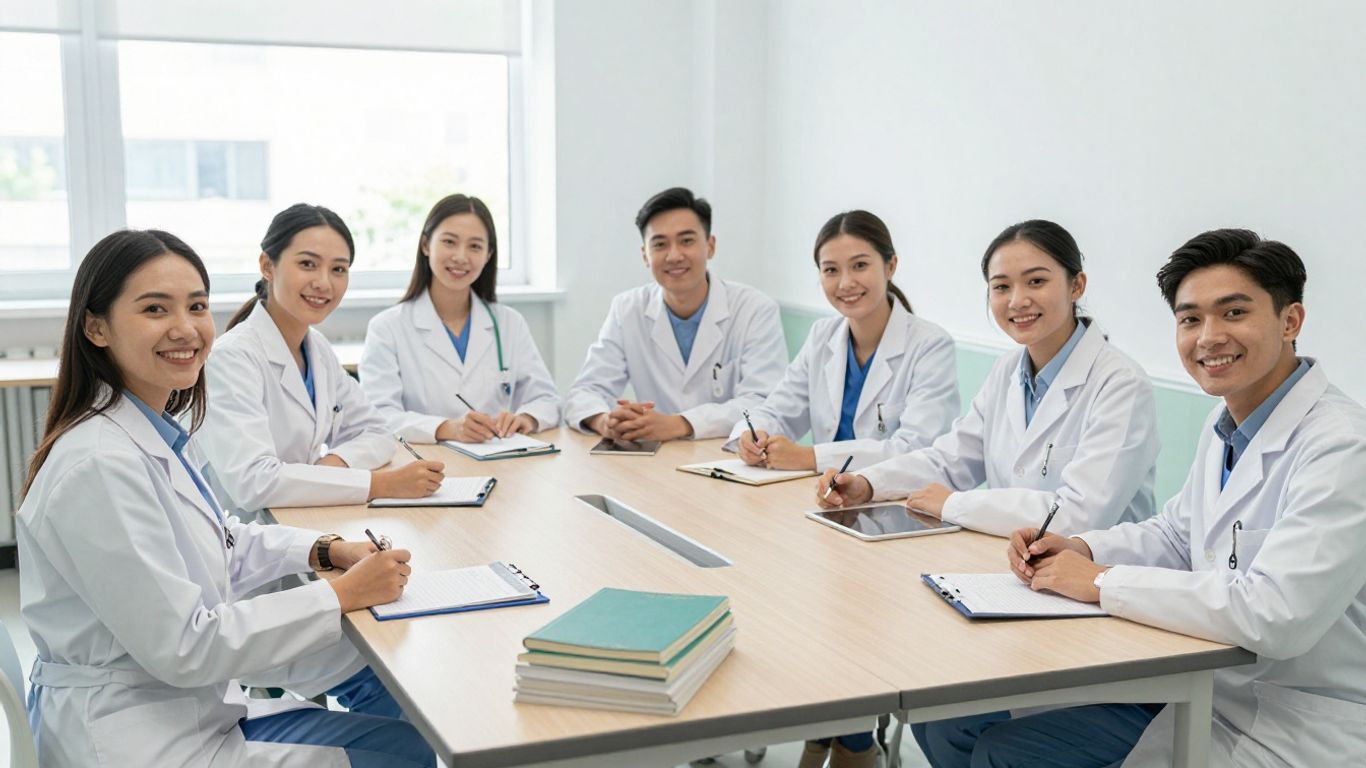 Diverse student groups in a modern nursing classroom