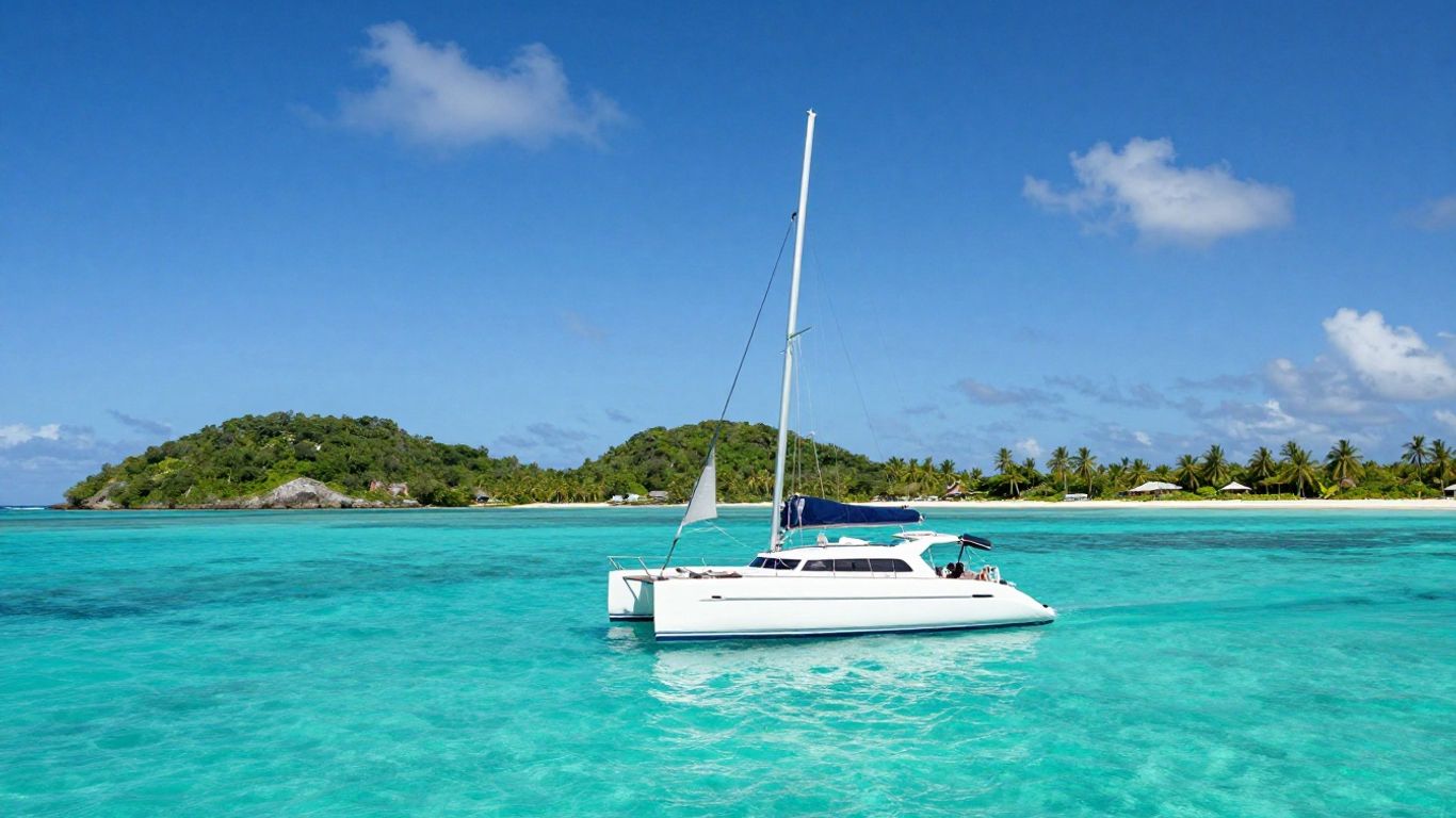 Catamaran sailing in clear Caribbean waters near islands.