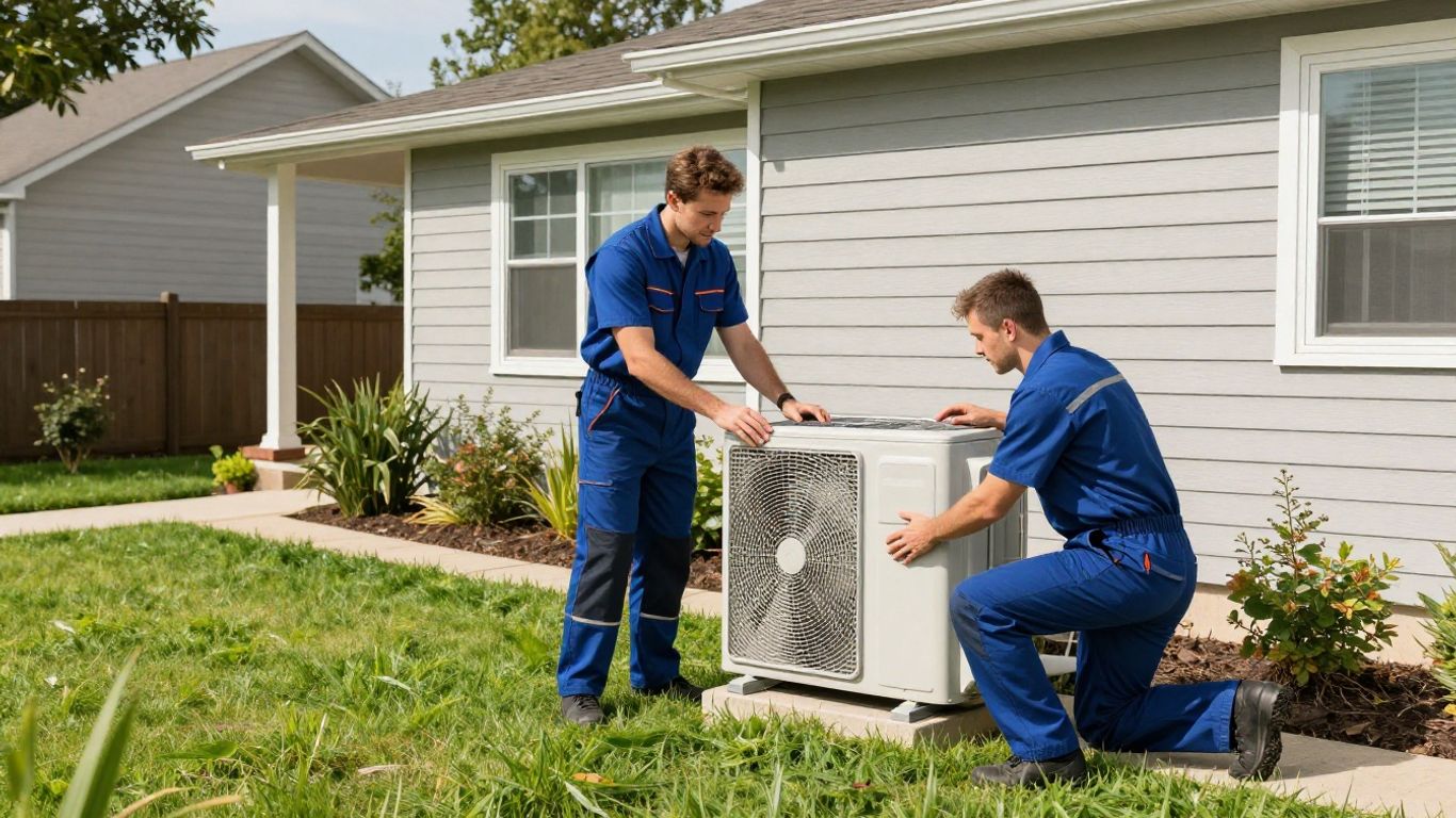 AC repair technician servicing an outdoor unit at a home.