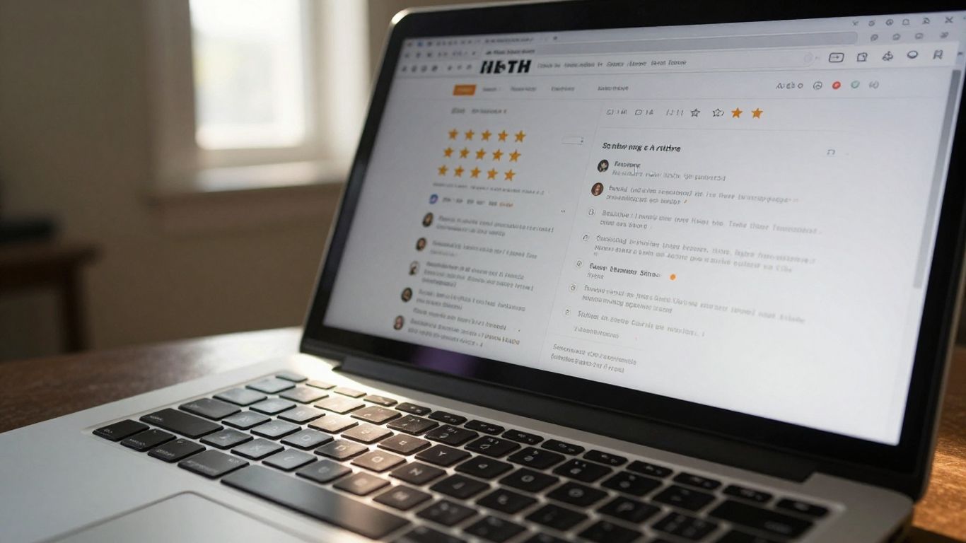 Laptop screen with online reviews and star ratings.