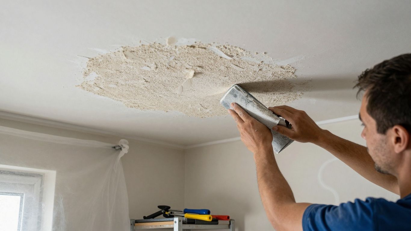 Worker removing Artex from a ceiling.