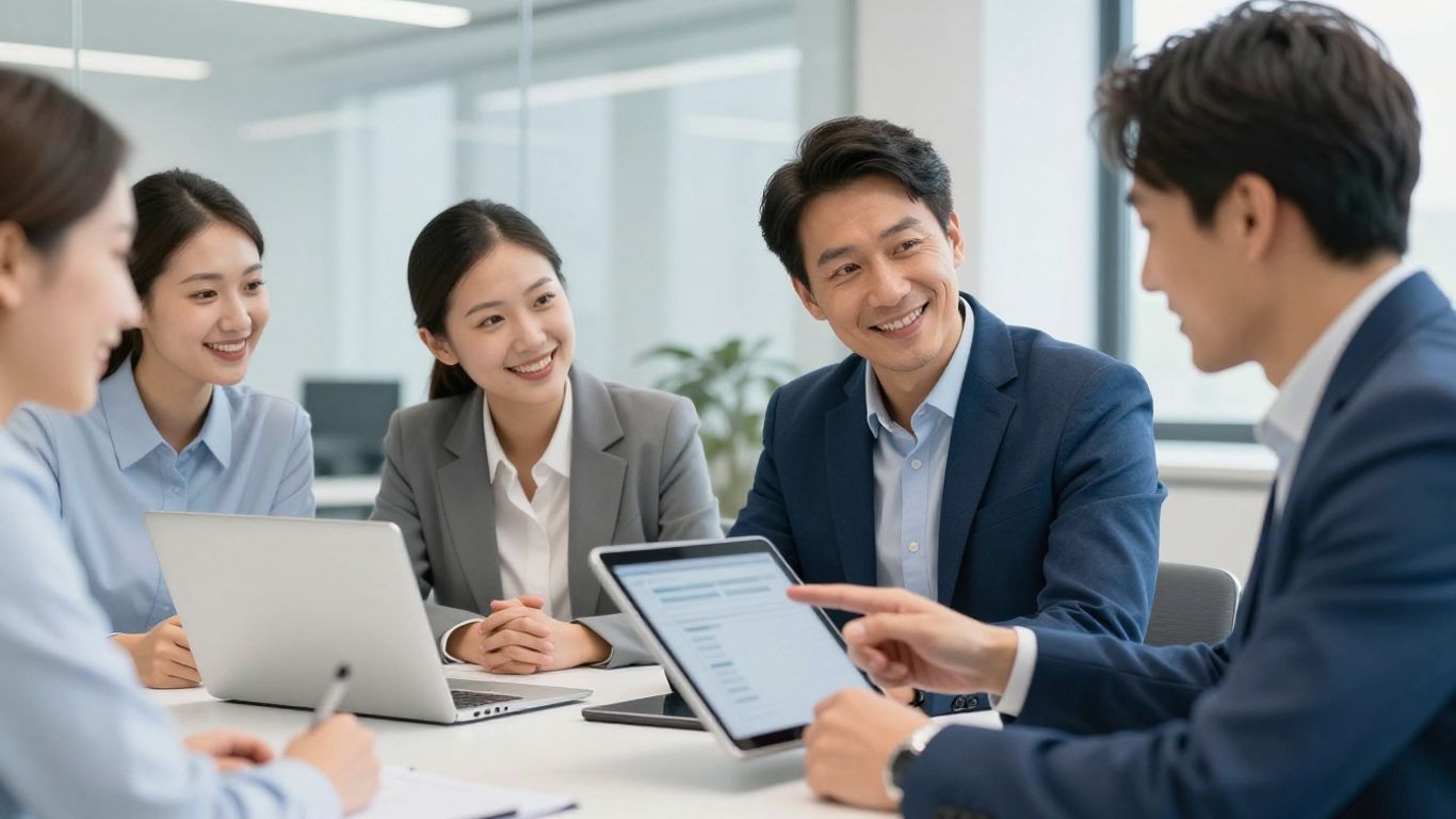 Kollegen lernen digitale Werkzeuge im Büro kennen.