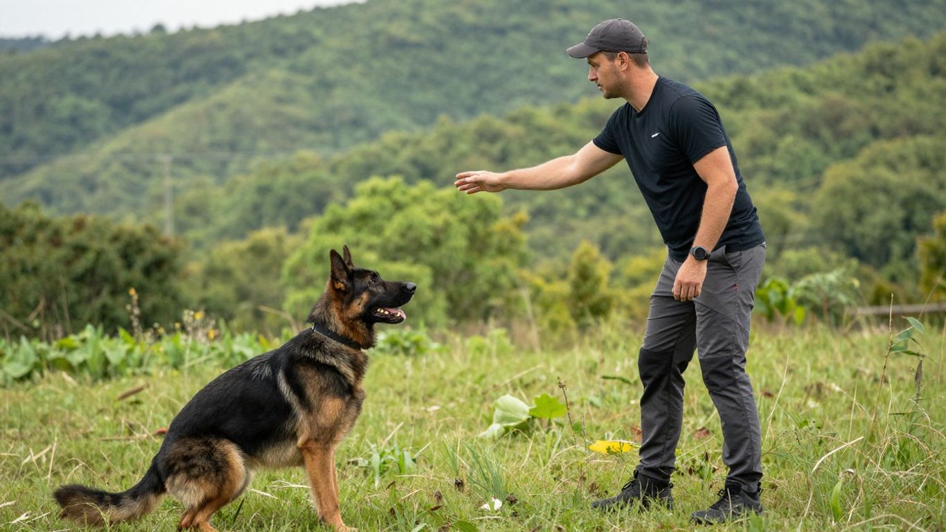 Handler training a focused working dog outdoors.