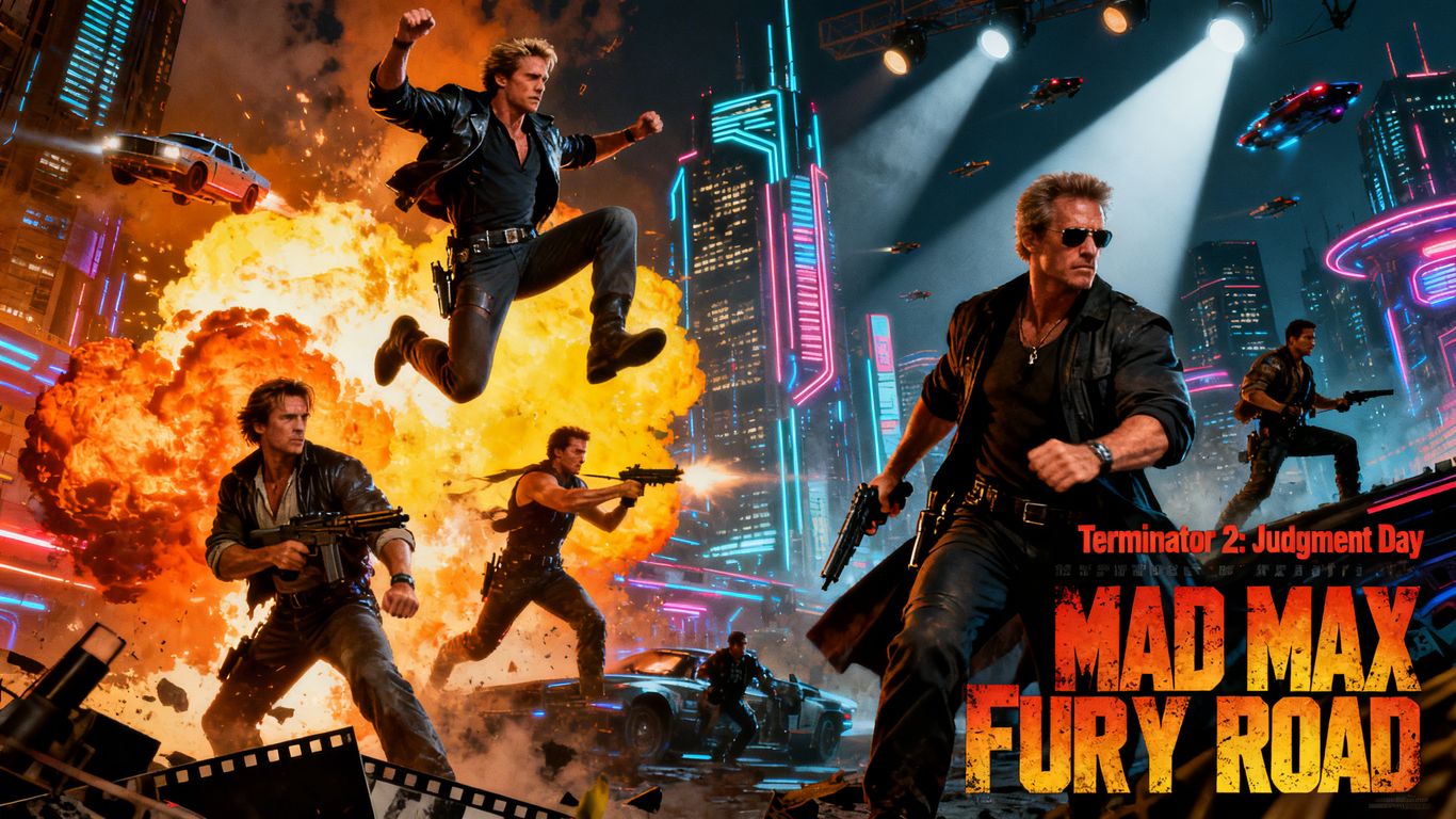 Collage of Hollywood blockbuster movie posters with stars.