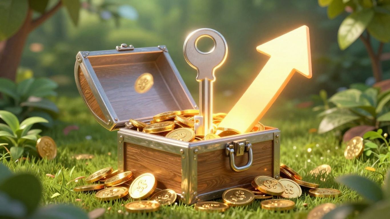 Key unlocking treasure chest with upward growth arrow.