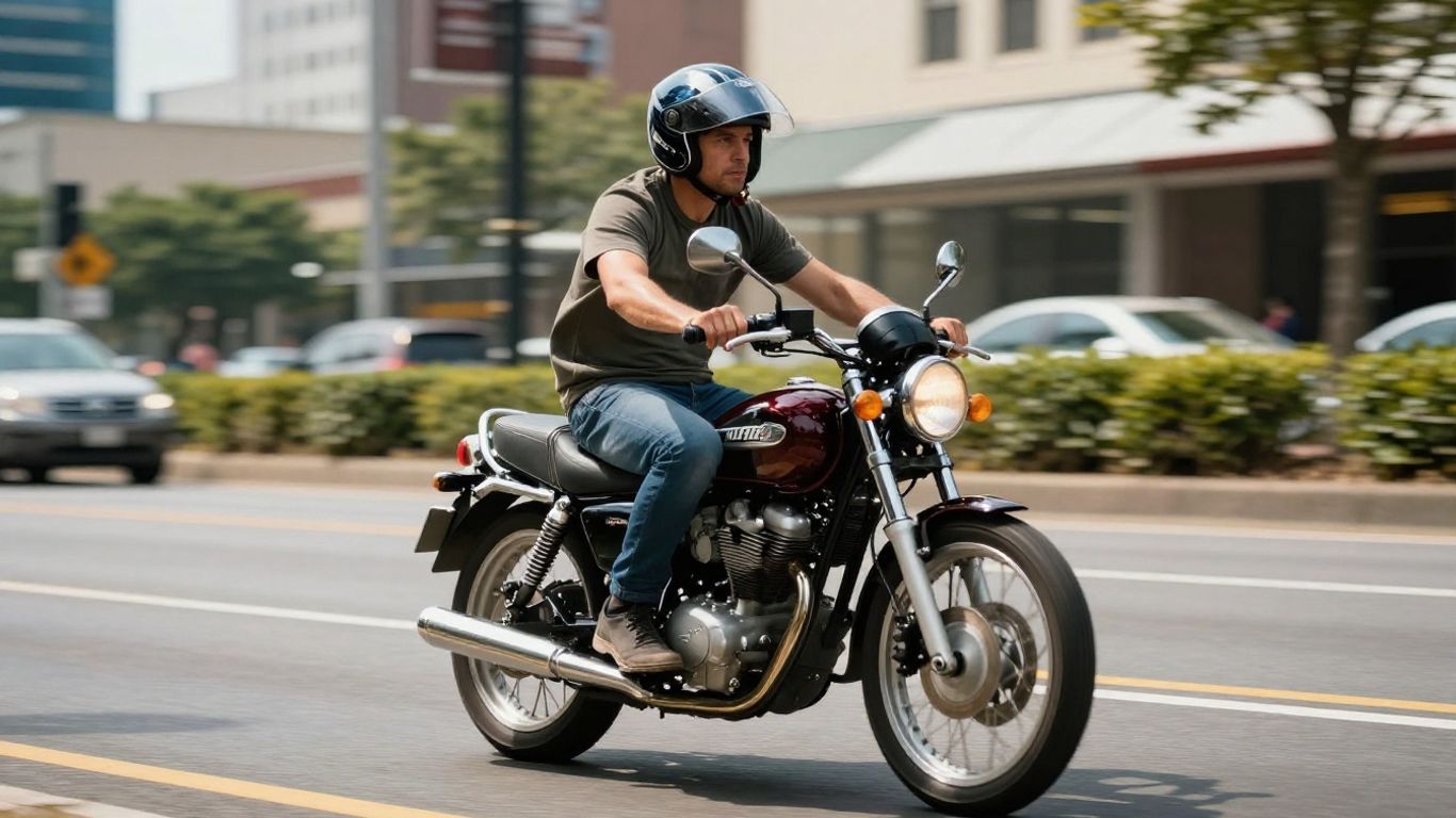 Motorcyclist in helmet on Albany street.