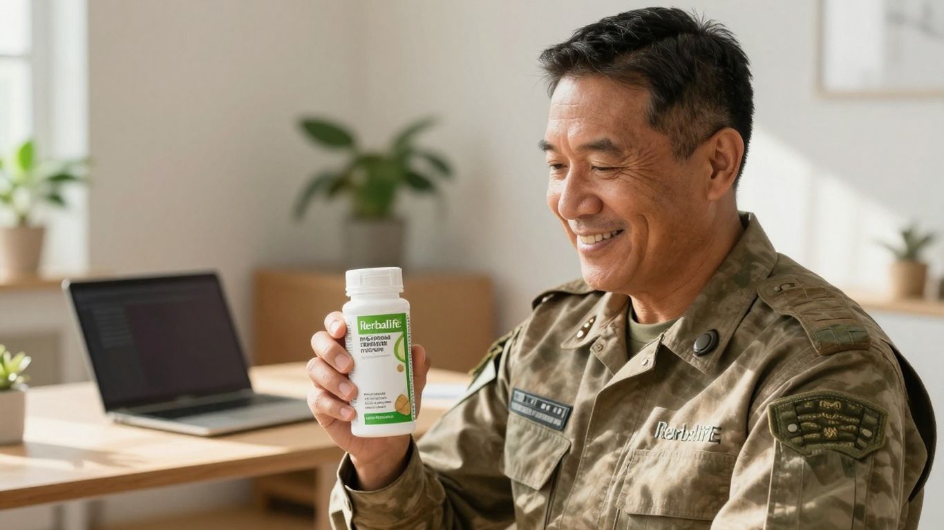 Veteran with Herbalife products and home office.