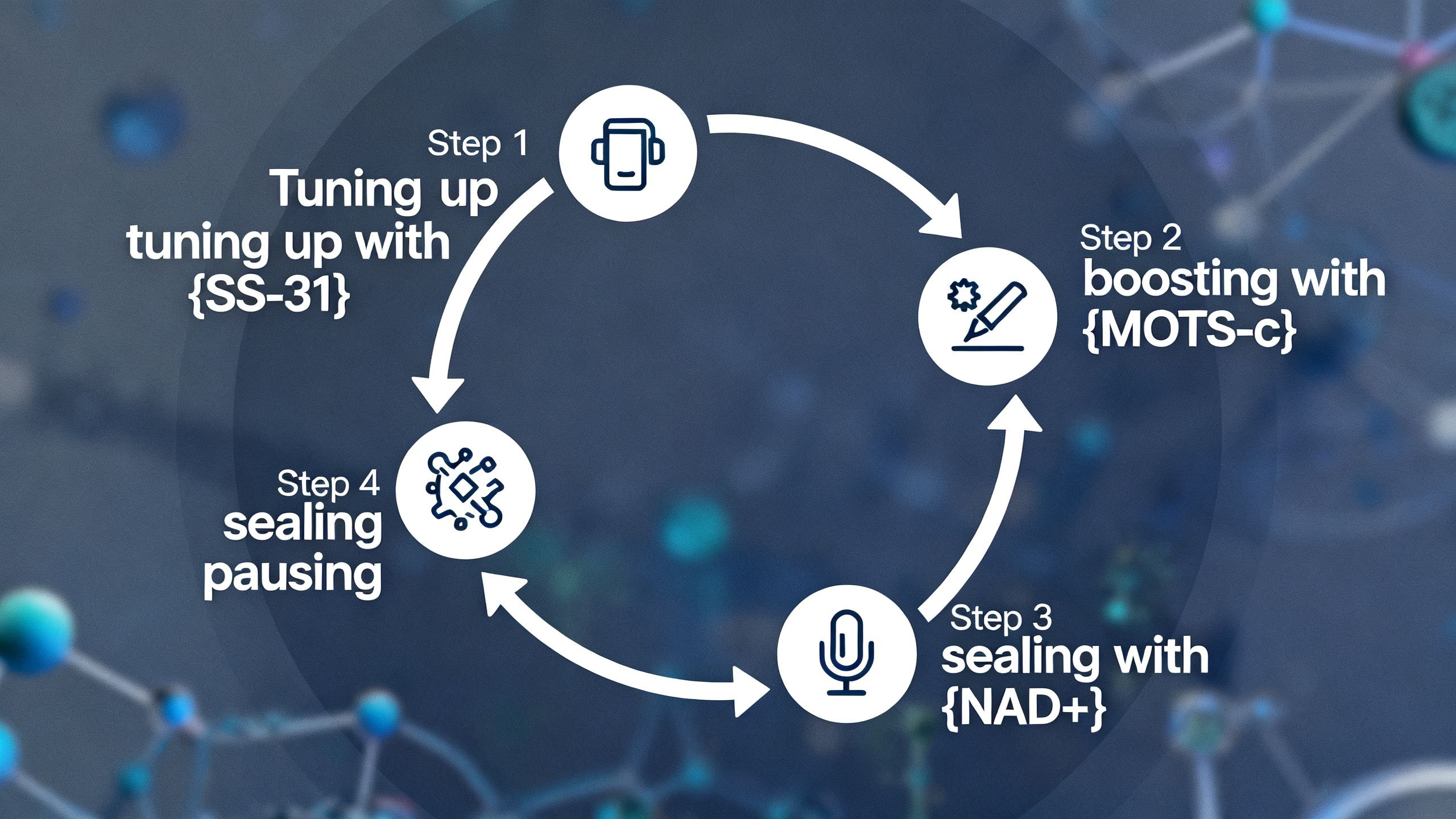 Visualization of a cycle: tuning up with SS-31, boosting with MOTS-c, sealing with NAD+, then pausing
