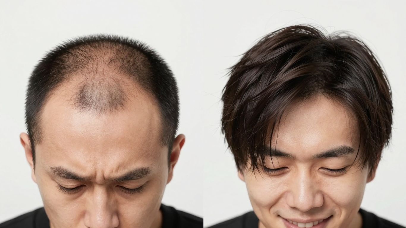 Person with thinning hair transforming to thicker hair.