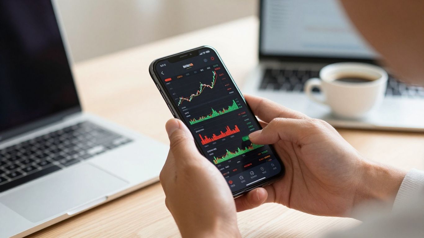 Beginner day trader focused on stock market on phone.