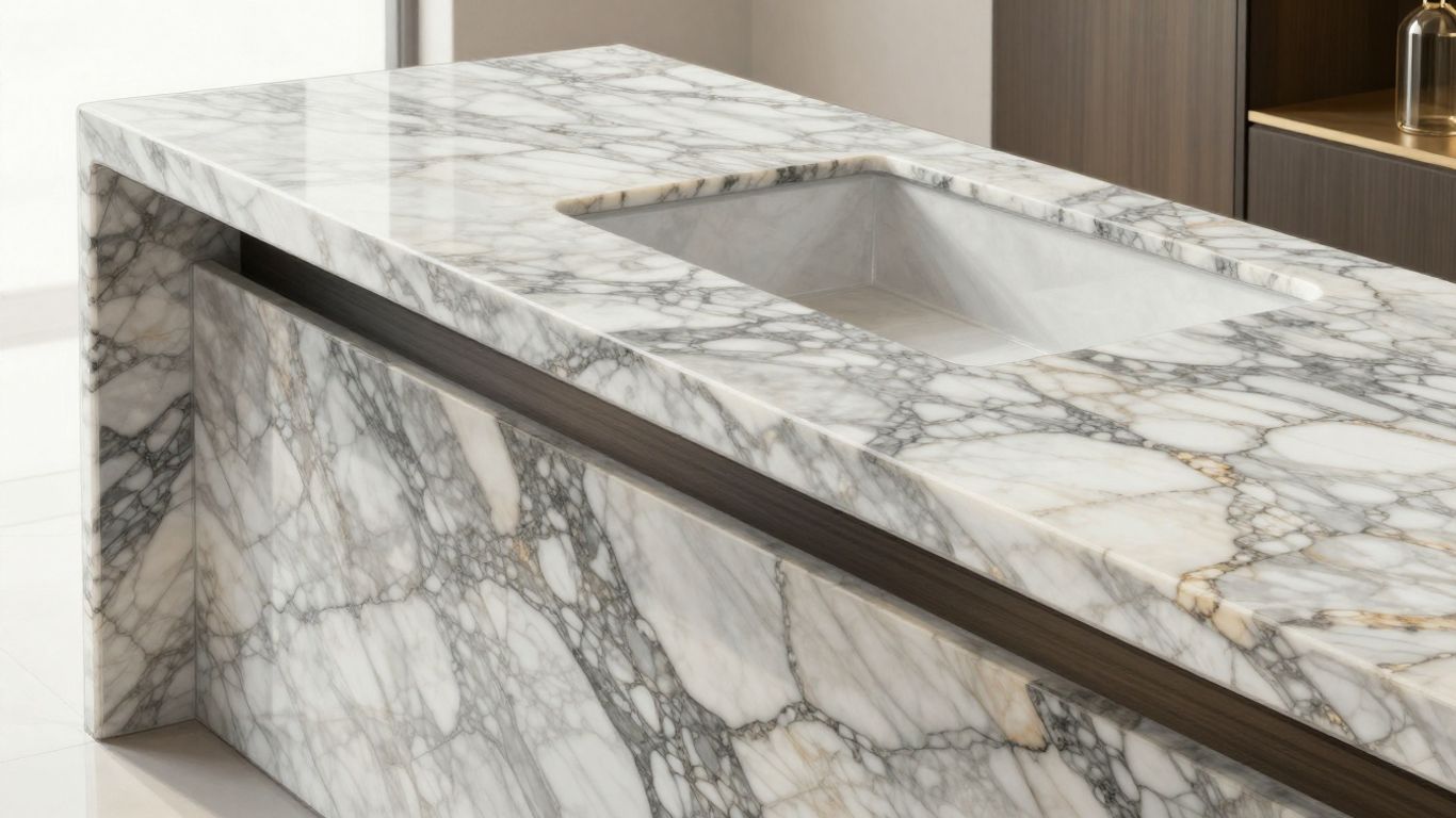 Marble countertop with veining and close-up of marble pattern.