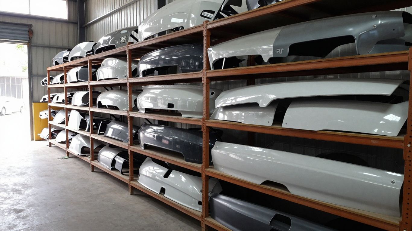 Salvaged car body panels in garage