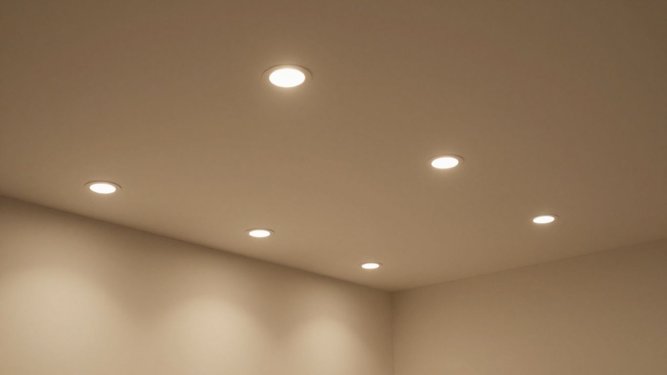 Recessed can lights in a modern living room ceiling.