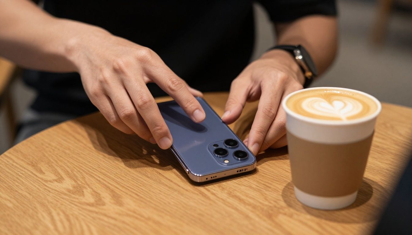 A person in a Melbourne cafe placing their Samsung Galaxy S26 in a stylish case onto a wooden table next to a flat white coffee.