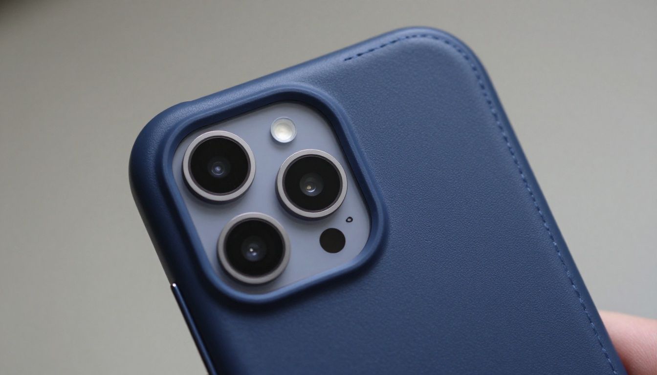 Close-up of a Galaxy S26 in a navy blue wallet case, showing the precise cutouts around the camera and charging port.