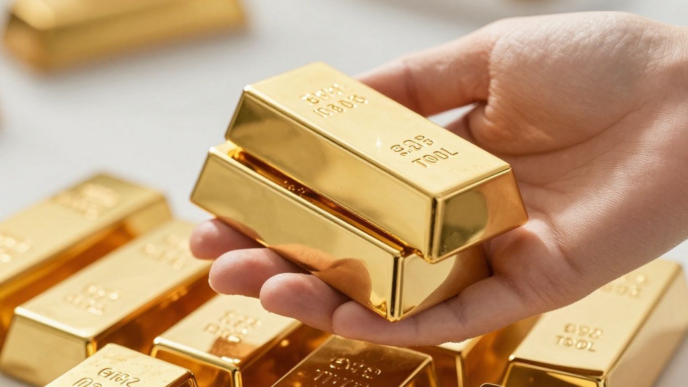 一位投资者的手将一根金条放在其他金条上面。