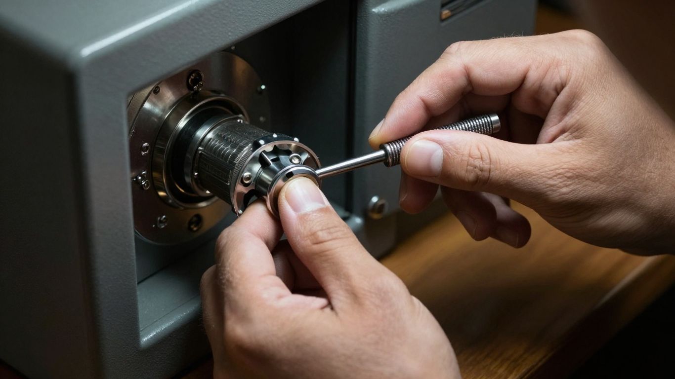 Locksmith opening a safe with tools.