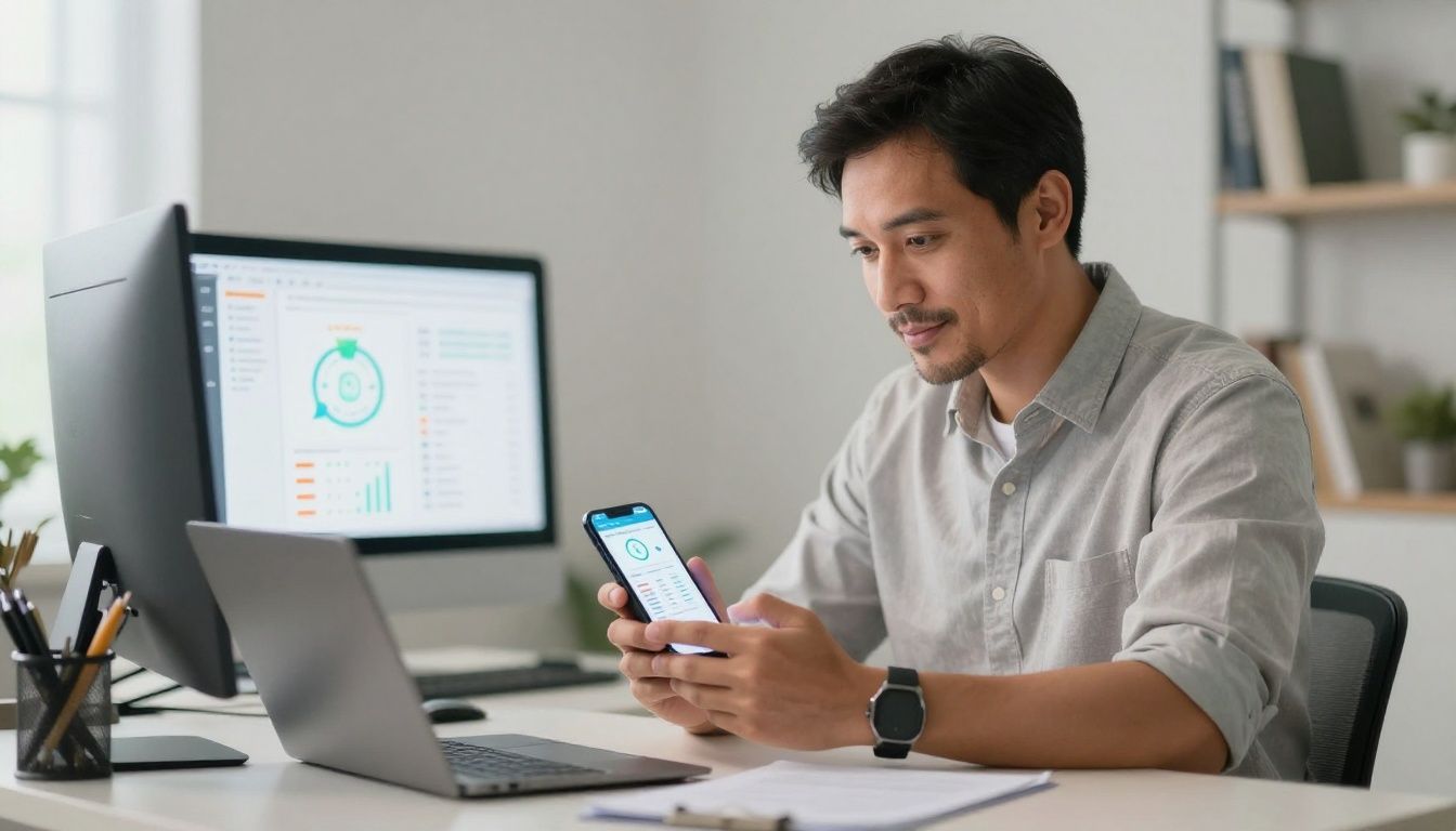 A diverse professional man in his 40s looking at a smartphone dashboard showing clear health metrics and hormone charts in a modern, well-lit home office, with a focused and confident expression