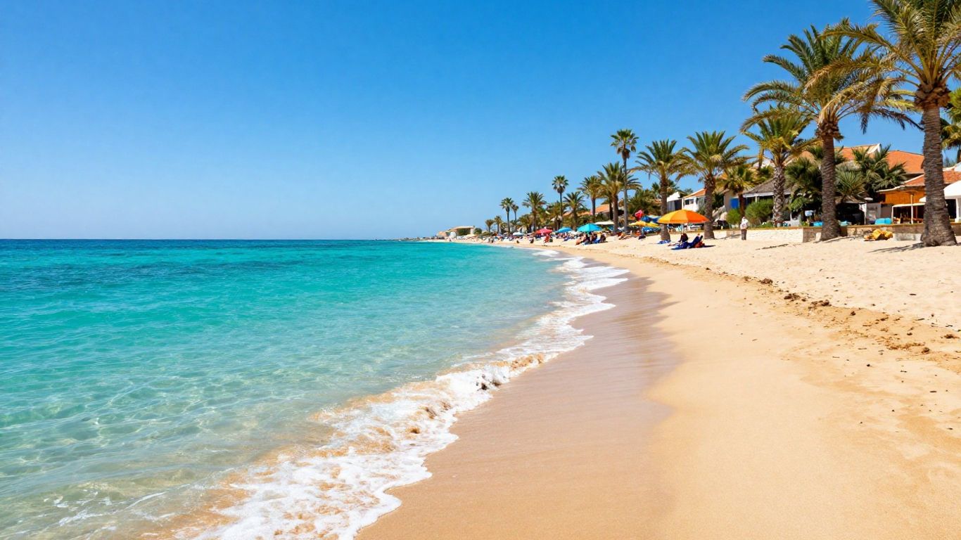 Sunny European beach with clear water and golden sand.