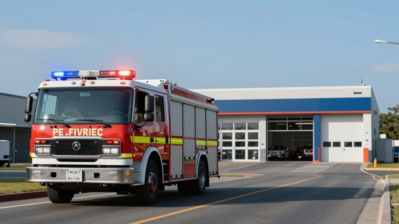 Fire truck near a fire station.