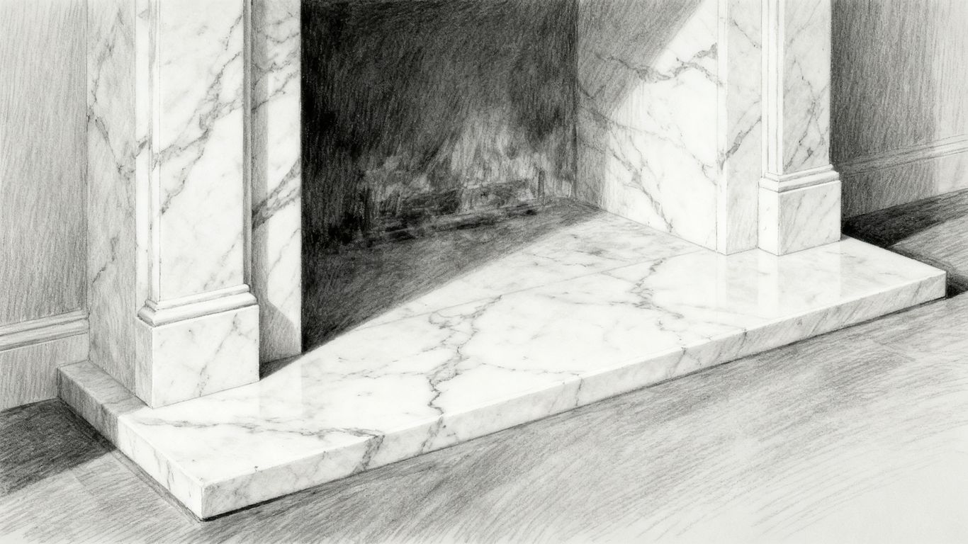 A grand fireplace hearth made of solid white marble