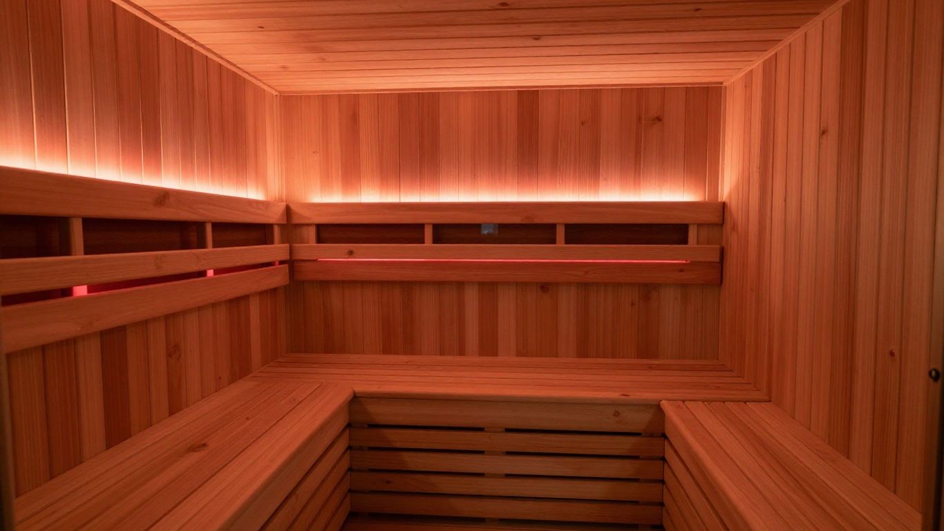 Relaxing infrared sauna with warm ambient light.