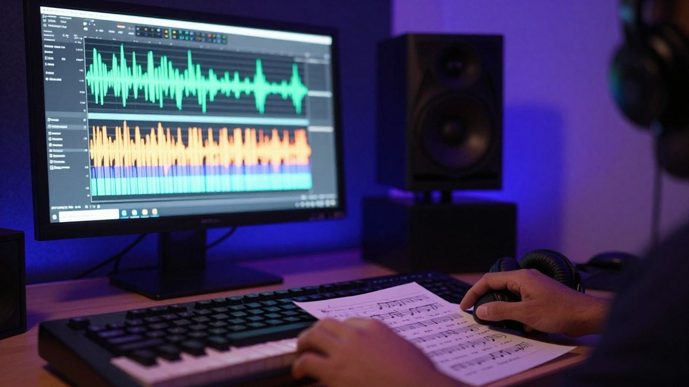 Neon studio with waveform and music video screens
