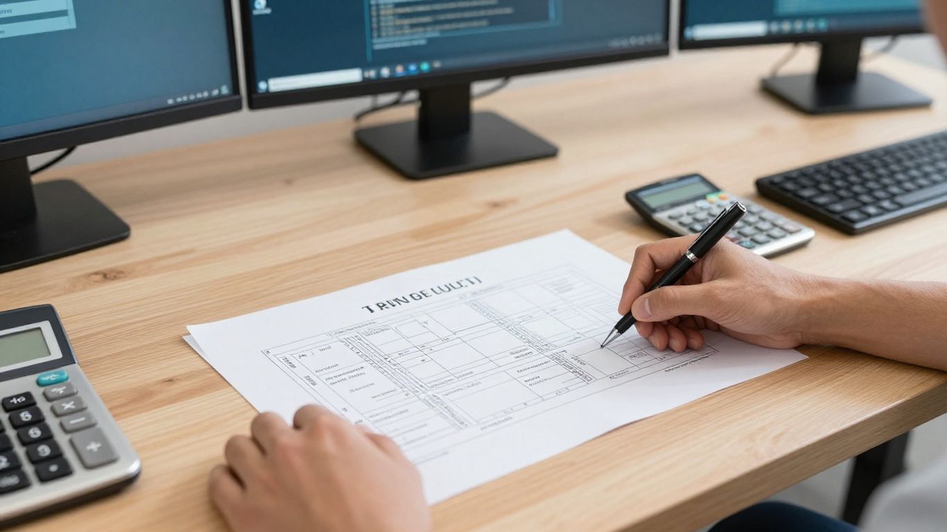 Trader reviewing a futures trading plan beside multiple monitors