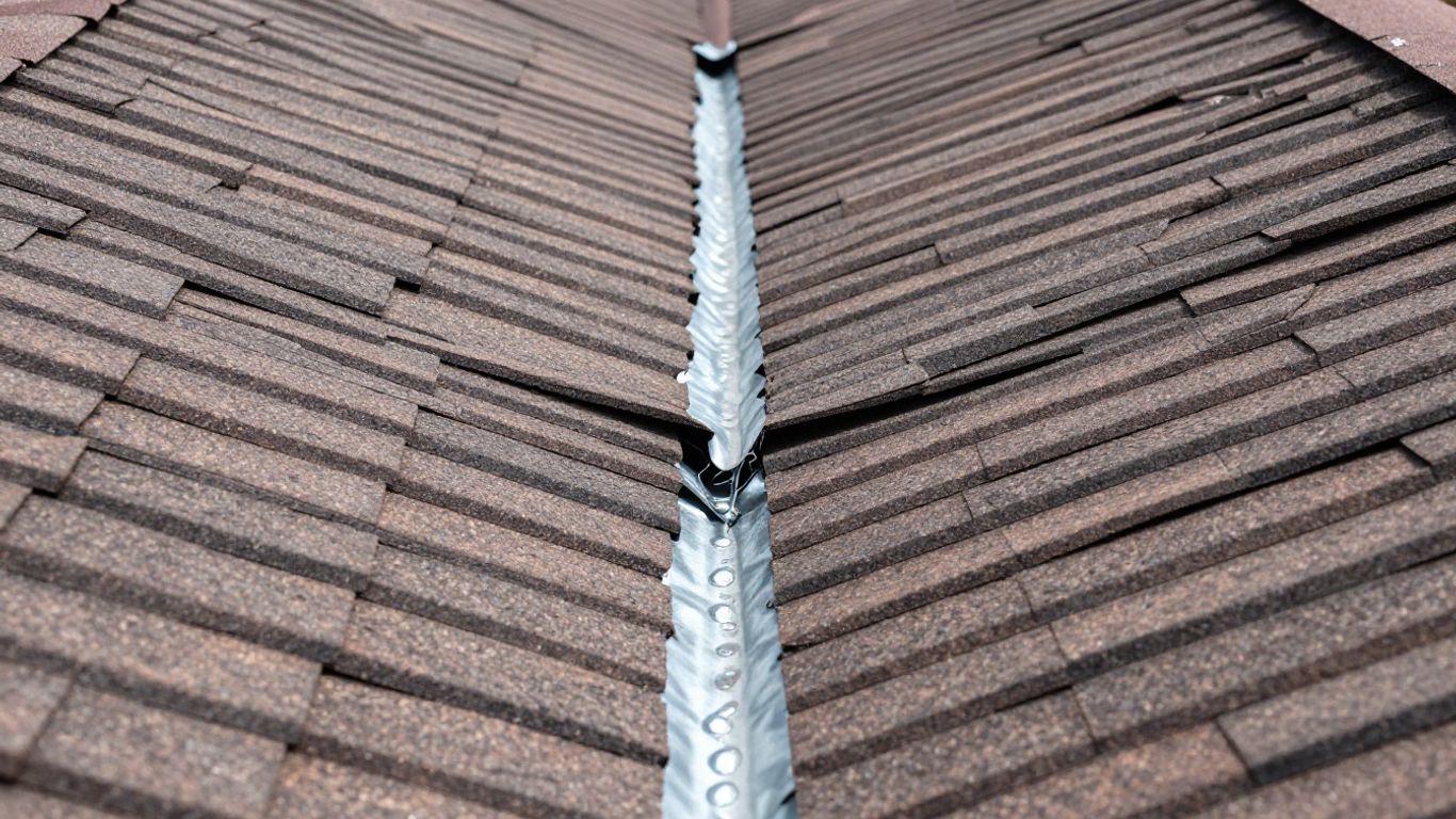 Roof valley intersection with shingles and flashing.