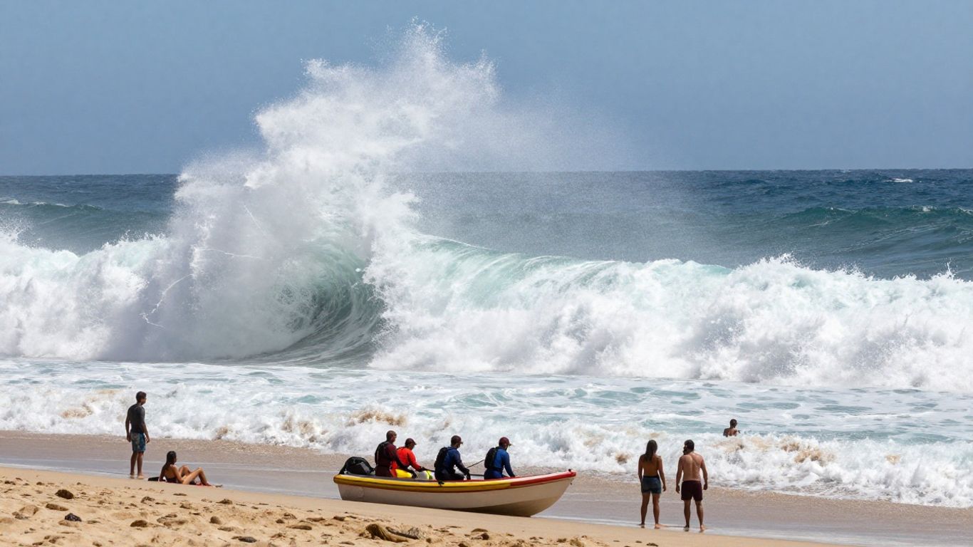Rescuers save beachgoers from dangerous waves in Cabo San Lucas.