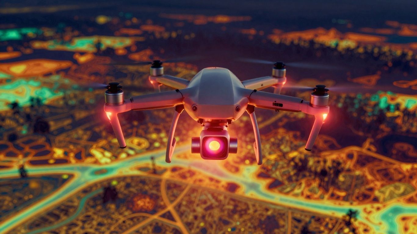 Drone with thermal camera over a heat-signature landscape.