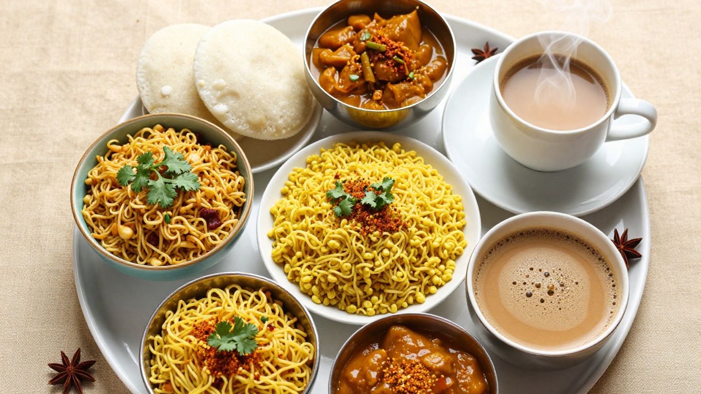 Healthy Indian breakfast dishes with fresh garnishes and chai.