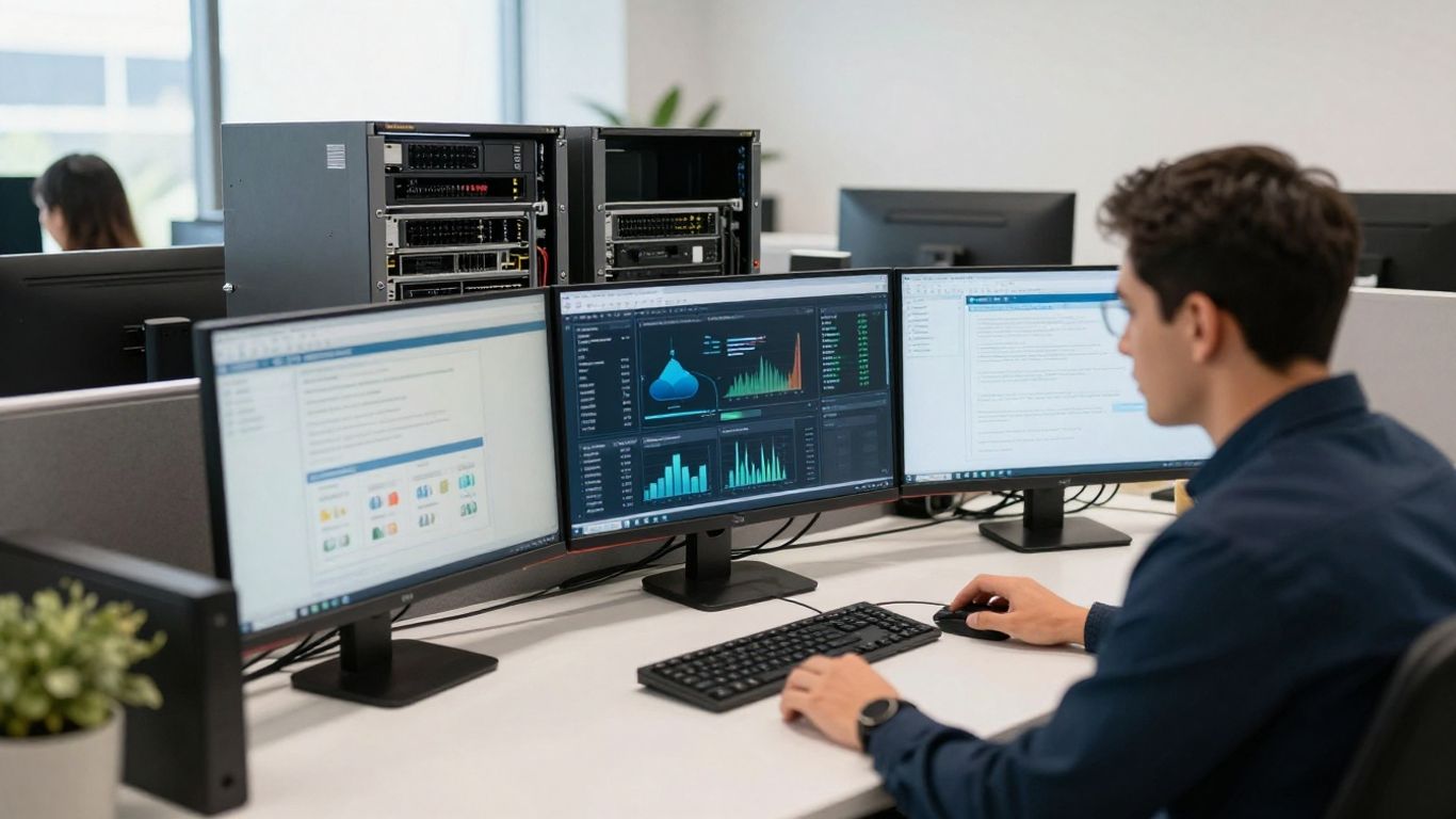 Technician reviewing business network systems