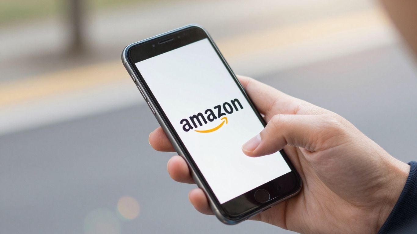 Hands holding a smartphone with the Amazon logo.