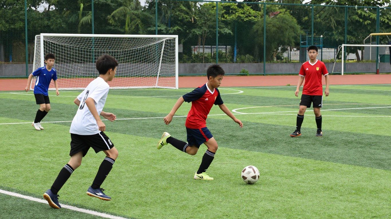 Young players competing on court and grass