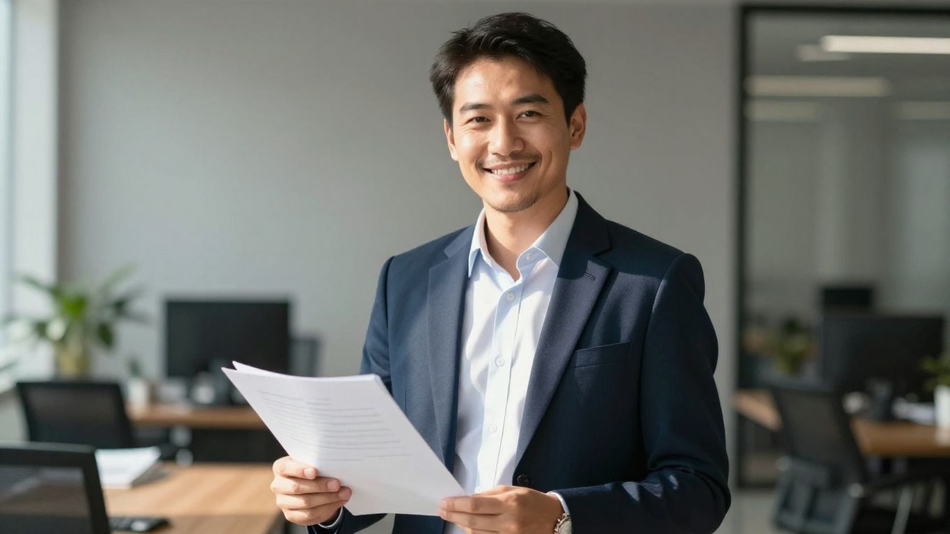 Tax advisor holding a document, smiling in an office.