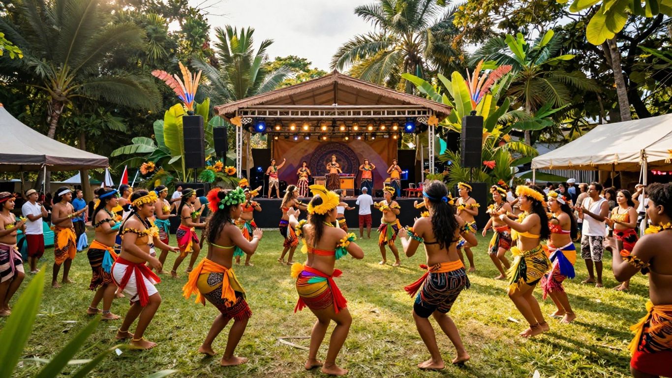 Dancers at Bali Spirit Festival with lush greenery.
