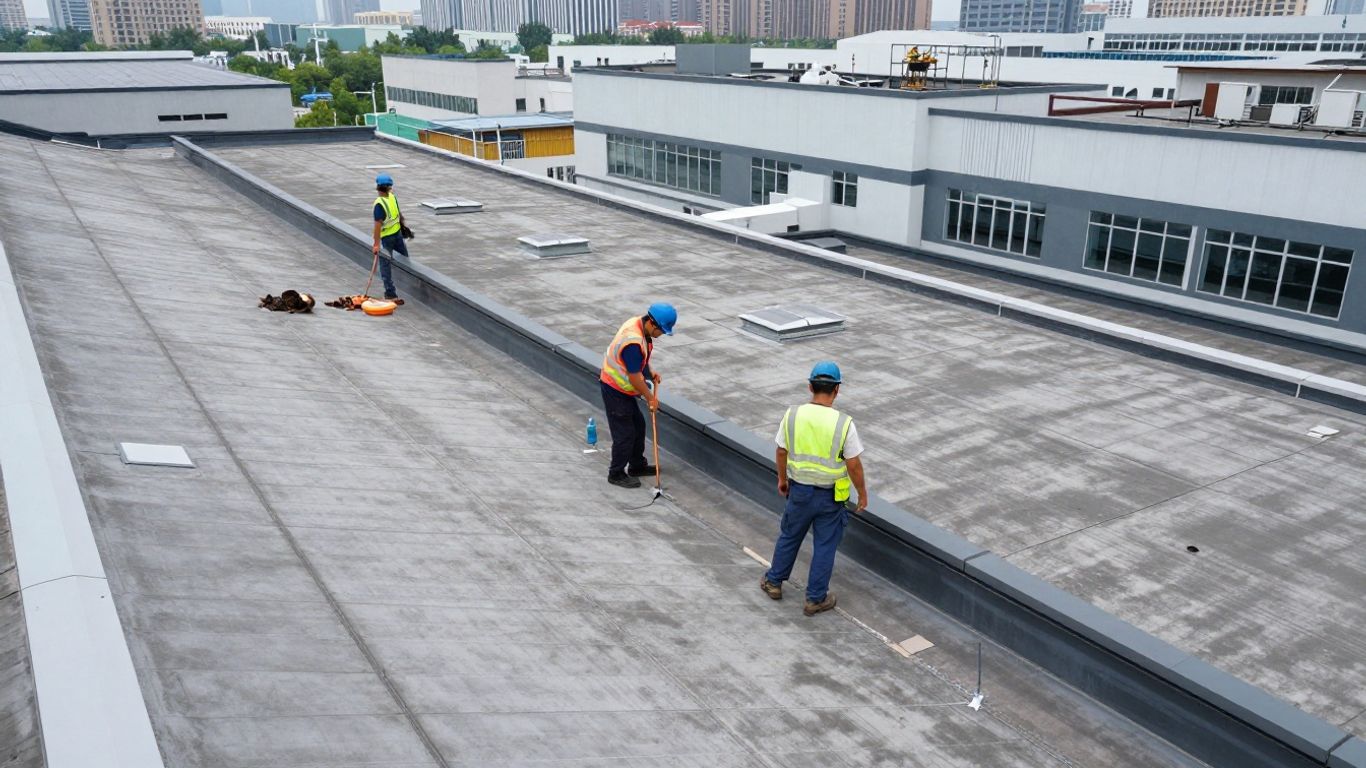 Commercial rooftop maintenance inspection and cleaning.