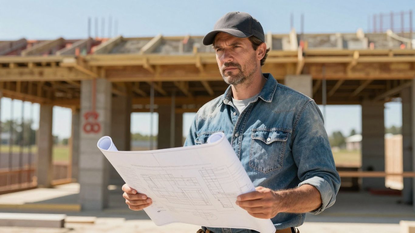 Texas contractor holding blueprints on a construction site.